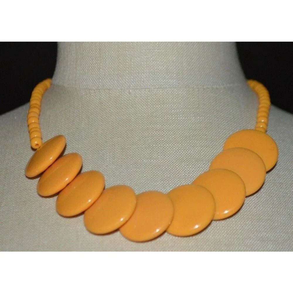 Yellow Orange Acrylic Disc Bead Beaded Choker Necklace Vintage